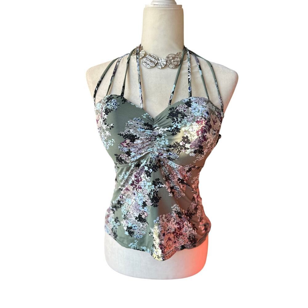 🇺🇸 🍁 BUNDLE ONLY - 5/$15 Strappy Floral Green Tankini Swim Top/Shirt, D/Small
